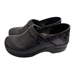 Dansko Womens 10 Clogs Cabrio Tool Black Leather Slip Resistant Nurse Paisley